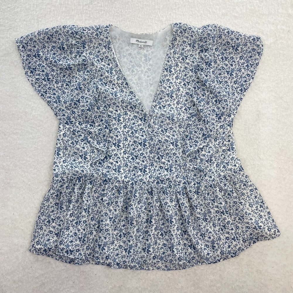 Madewell Georgette Ruffle-Sleeve Peplum Top in Americana Floral Size XS - Picture 2 of 6